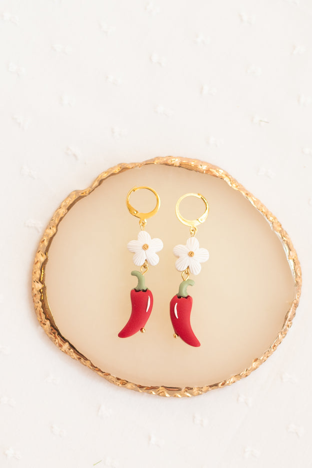 Chili Pepper & Daisy Clay Beads Polymer Clay Earrings [Made-to-Order]