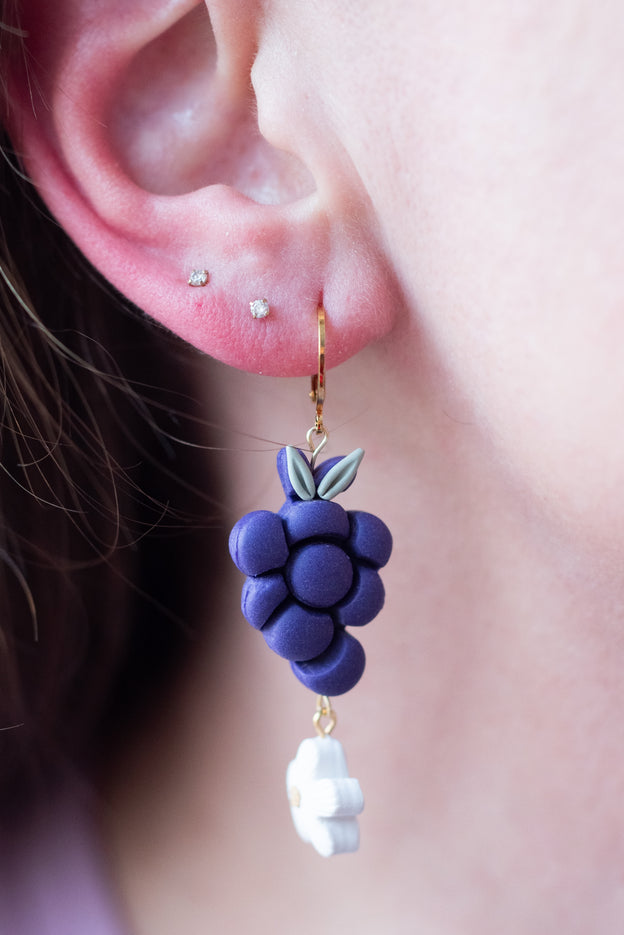 Large Grape & Daisy Clay Bead Polymer Clay Earrings