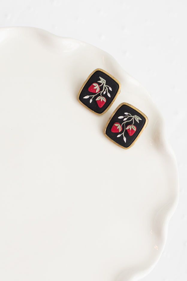 Small Strawberry Vintage Frame Polymer Clay Earring Studs