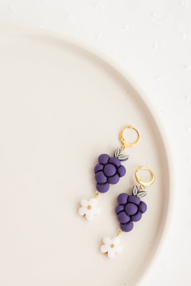 Large Grape & Daisy Clay Bead Polymer Clay Earrings