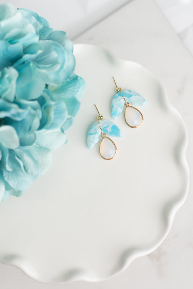 Ocean Inspired Polymer Clay Earrings with Glass Charm