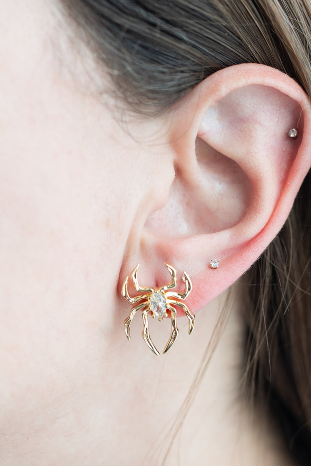 Gold Plated Clear Charm Spider Studs